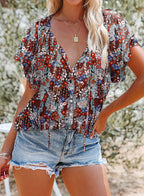 Women's Printed Top Women Summer V-Neck Half Cardigan Short Sleeve Loose Shirt Women
