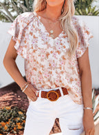 Floral V Neck Ruffle Sleeve Pullover