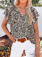 Floral V Neck Ruffle Sleeve Pullover