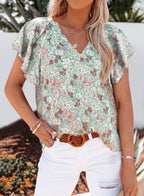 Floral V Neck Ruffle Sleeve Pullover