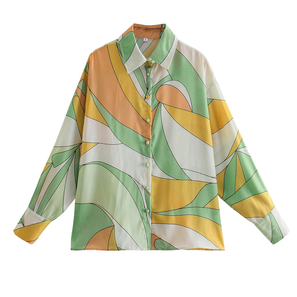 Women's Spring Summer Shirt Women Cardigan Multi-Color Mosaic Loose Version Top Women