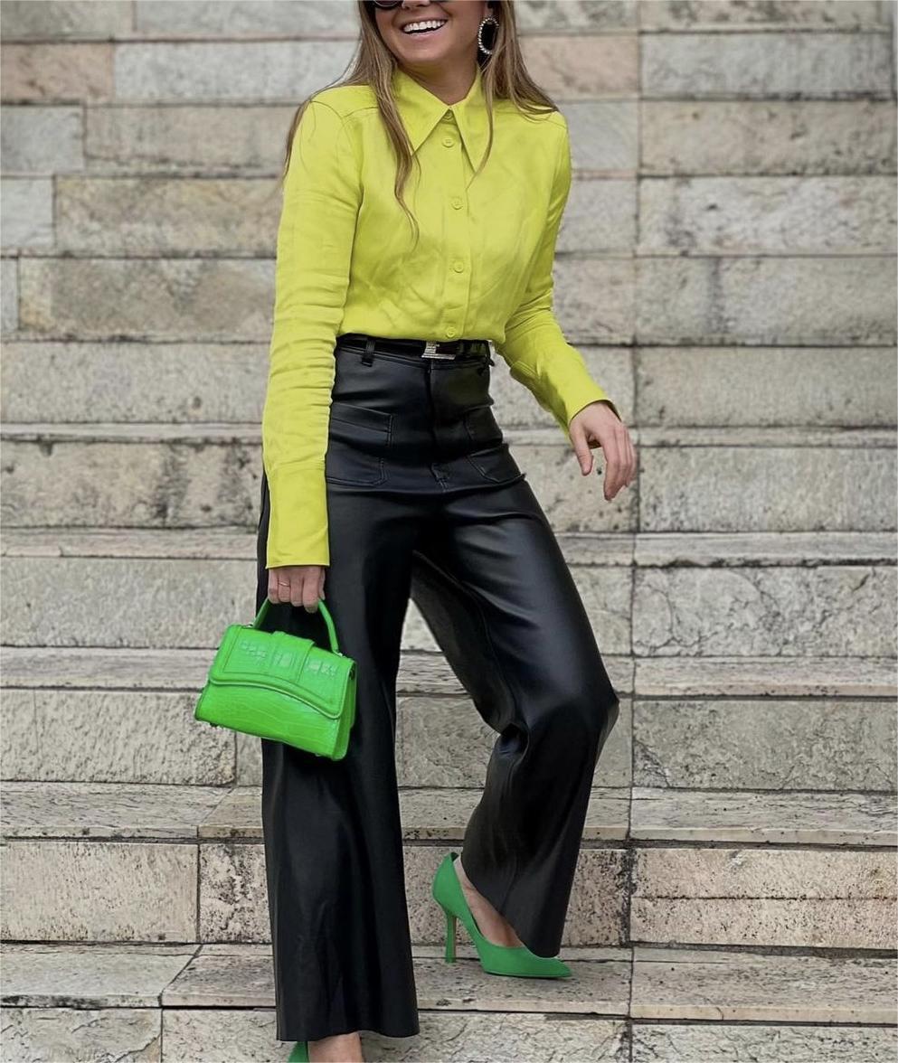 Women's Spring Women Bright Yellow Satin Texture Shirt Top