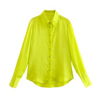 Women's Spring Women Bright Yellow Satin Texture Shirt Top