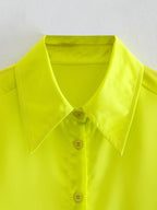 Women's Spring Women Bright Yellow Satin Texture Shirt Top