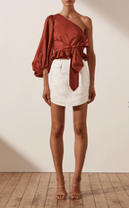 Women's Spring Summer Brick Red One-Shoulder Top Ruffled Tied Short Shirt