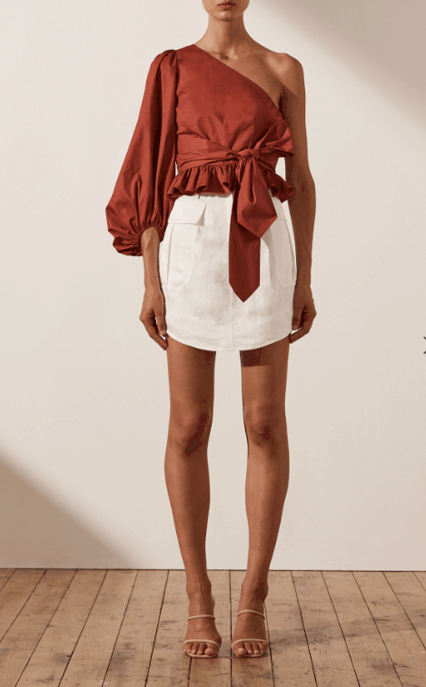 Women's Spring Summer Brick Red One-Shoulder Top Ruffled Tied Short Shirt