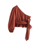 Women's Spring Summer Brick Red One-Shoulder Top Ruffled Tied Short Shirt