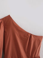 Women's Spring Summer Brick Red One-Shoulder Top Ruffled Tied Short Shirt