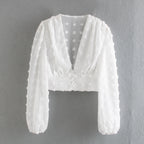 Women's Clothing Spring Loose Short Lantern Long Sleeve V-Neck Bare Cropped Sexy Top
