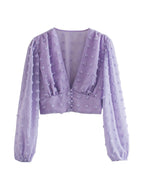Women's Clothing Spring Loose Short Lantern Long Sleeve V-Neck Bare Cropped Sexy Top