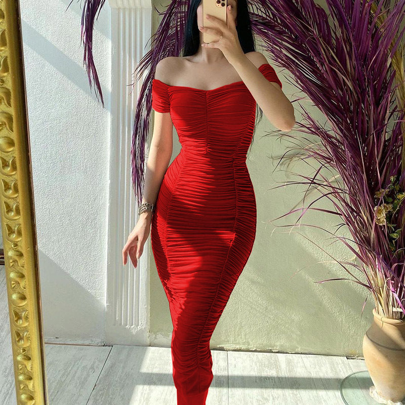 Solid Color Dress Elegant Summer Off-Shoulder Pleated