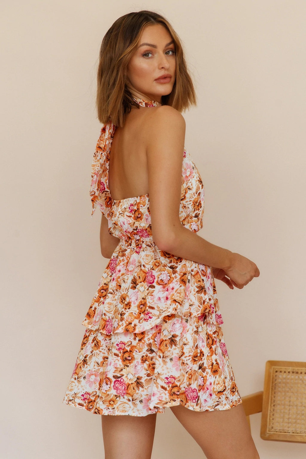 Women's Floral Halter Backless Ruffled Mini Dress