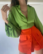 Women's Apple Green Single-Breasted Shirt Fashionable Women Polo Collar Long-Sleeved Shirt Women