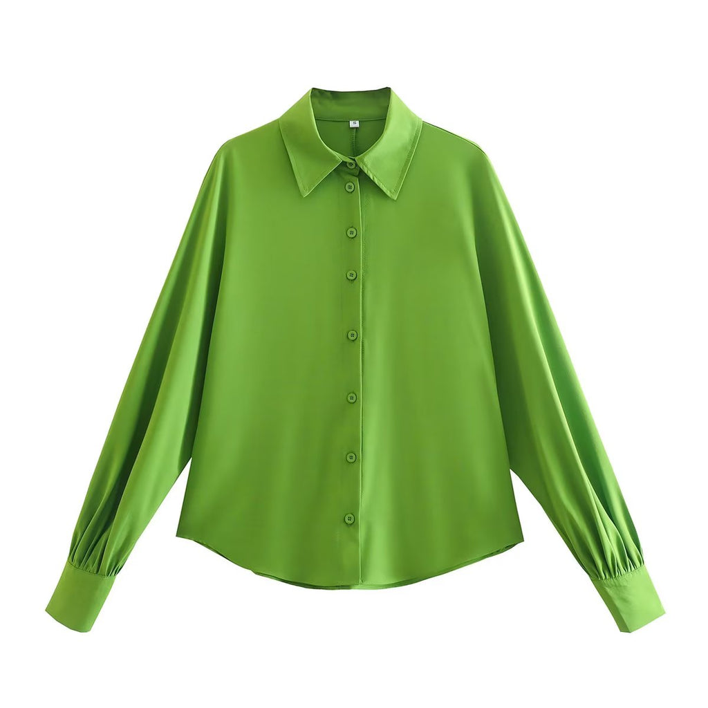Women's Apple Green Single-Breasted Shirt Fashionable Women Polo Collar Long-Sleeved Shirt Women