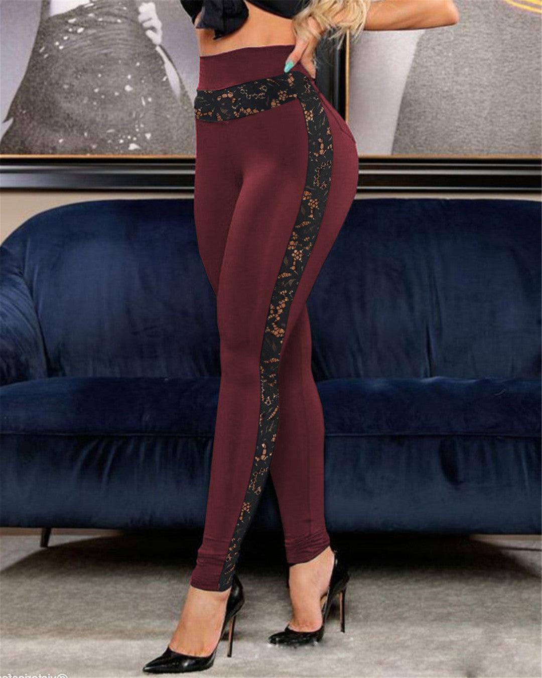 Solid Color Lace Stitching Hip Lifting Sports Pants Yoga Skinny Leggings