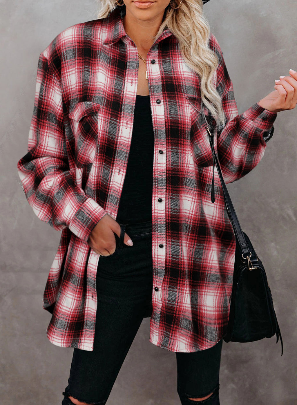 Women's Women Clothing Autumn Winter Plaid Shirt Mid-Length Loose Lapels Cardigan Shirt