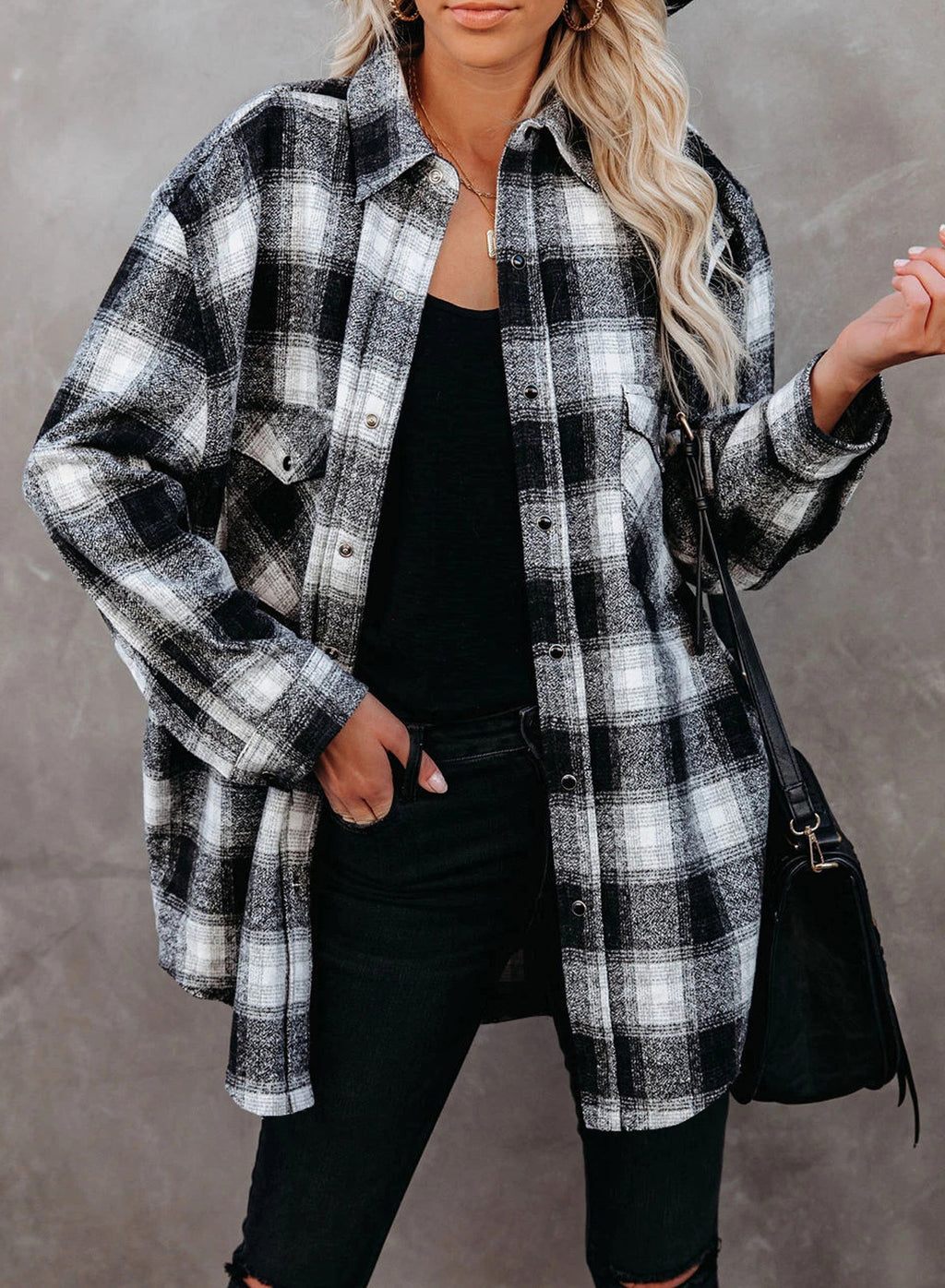 Women's Women Clothing Autumn Winter Plaid Shirt Mid-Length Loose Lapels Cardigan Shirt