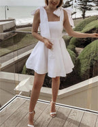 Women's Spring Women Shoulder Bow Pure White Holiday Waist Dress