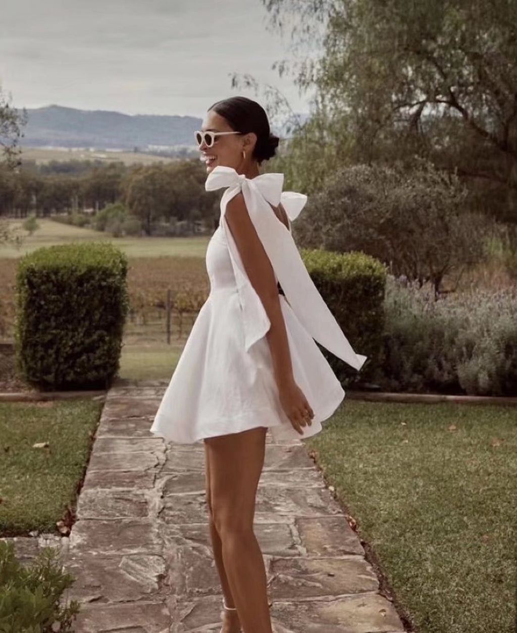 Women's Spring Women Shoulder Bow Pure White Holiday Waist Dress