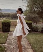 Women's Spring Women Shoulder Bow Pure White Holiday Waist Dress