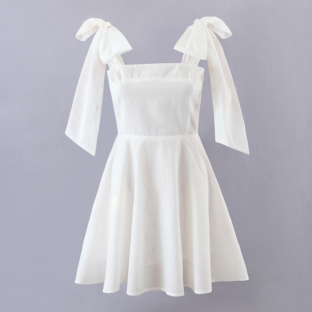 Women's Spring Women Shoulder Bow Pure White Holiday Waist Dress