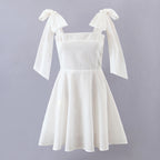 Women's Spring Women Shoulder Bow Pure White Holiday Waist Dress