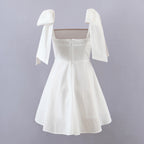 Women's Spring Women Shoulder Bow Pure White Holiday Waist Dress