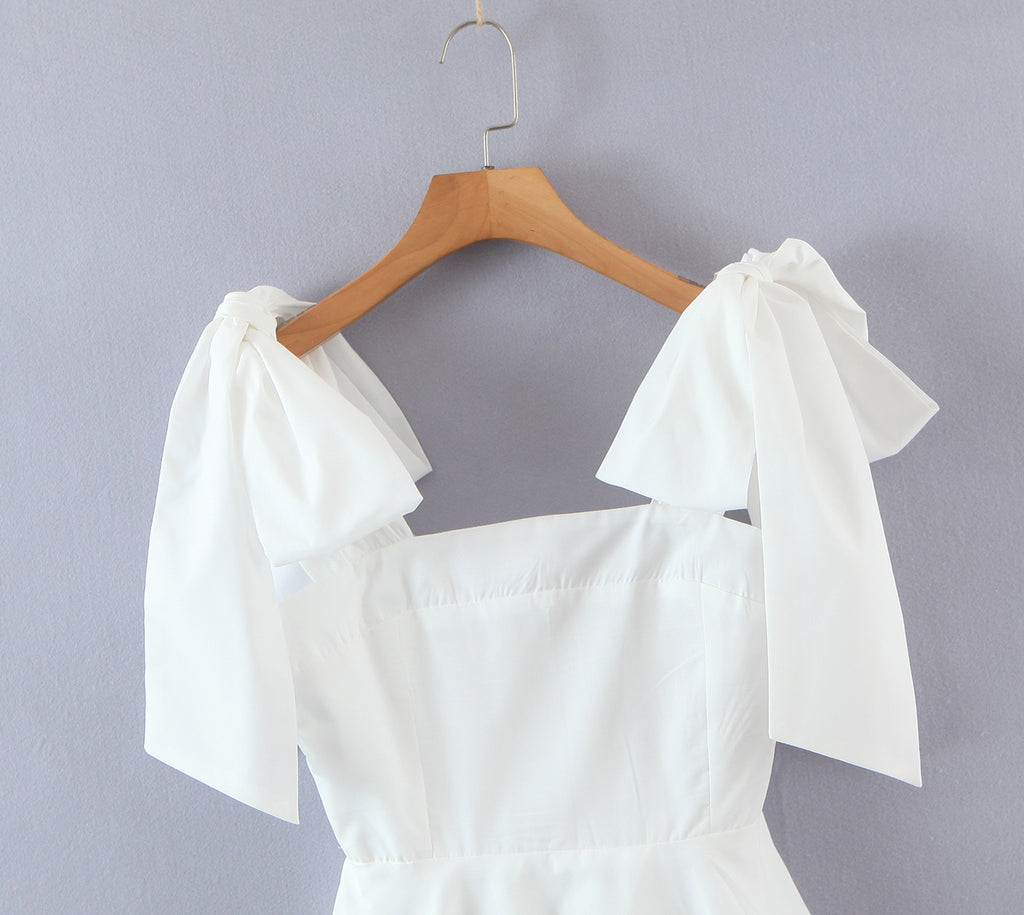 Women's Spring Women Shoulder Bow Pure White Holiday Waist Dress