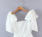 Women's Spring Women Shoulder Bow Pure White Holiday Waist Dress