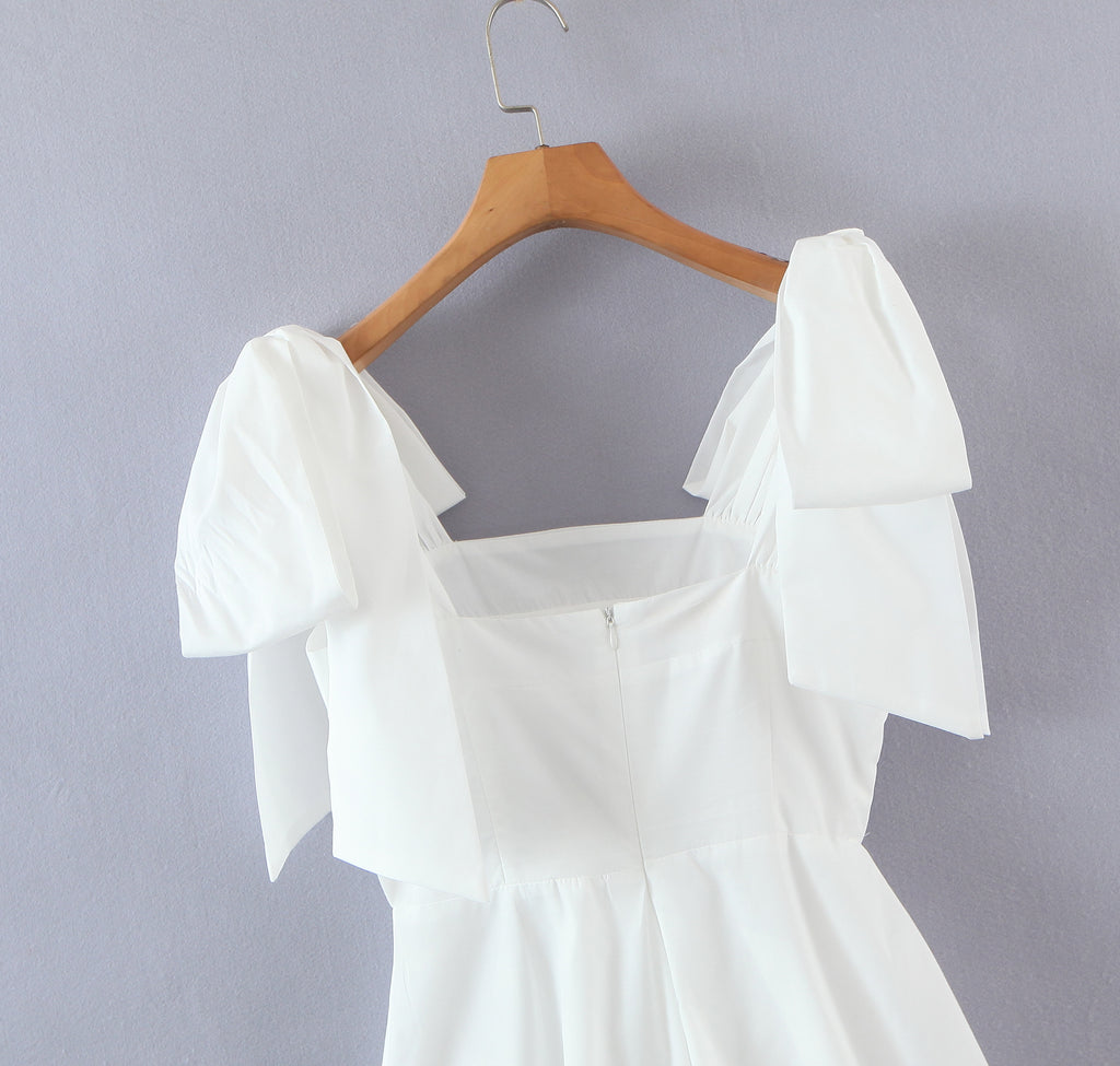 Women's Spring Women Shoulder Bow Pure White Holiday Waist Dress