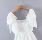 Women's Spring Women Shoulder Bow Pure White Holiday Waist Dress