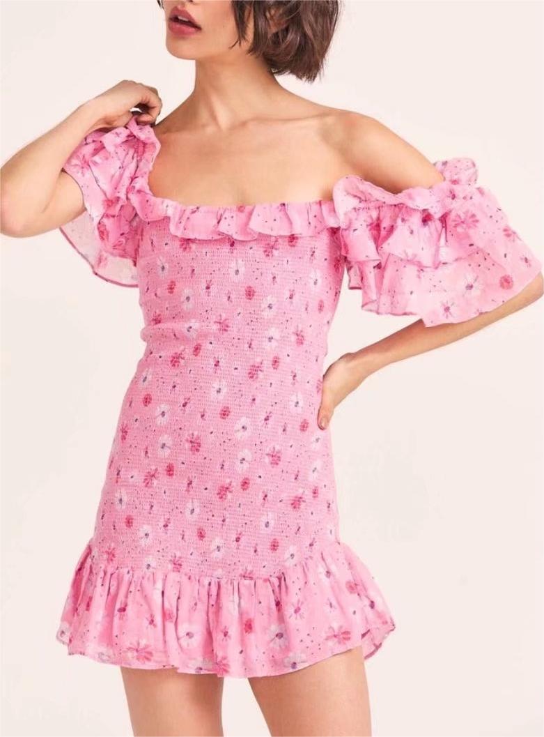 Women's French Elastic Wrapped Chest Flying Sleeves Printed Dress Women Elastic Slimming Square-Cut Collar Hip