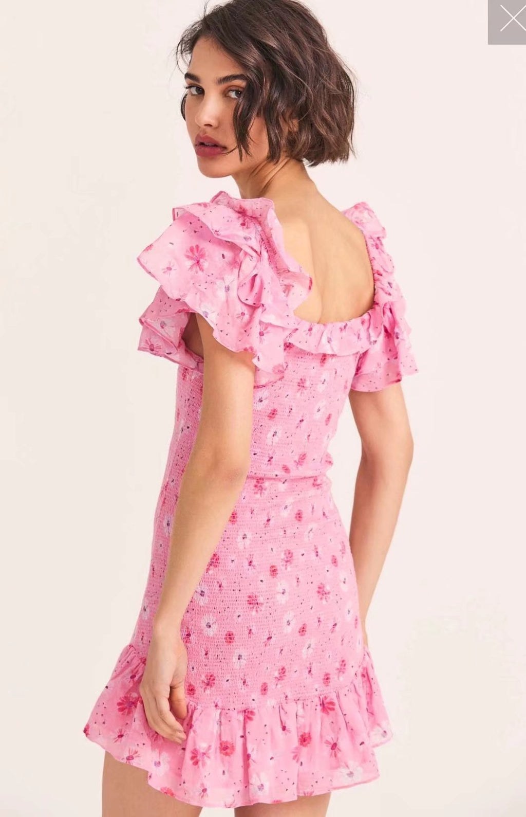 Women's French Elastic Wrapped Chest Flying Sleeves Printed Dress Women Elastic Slimming Square-Cut Collar Hip