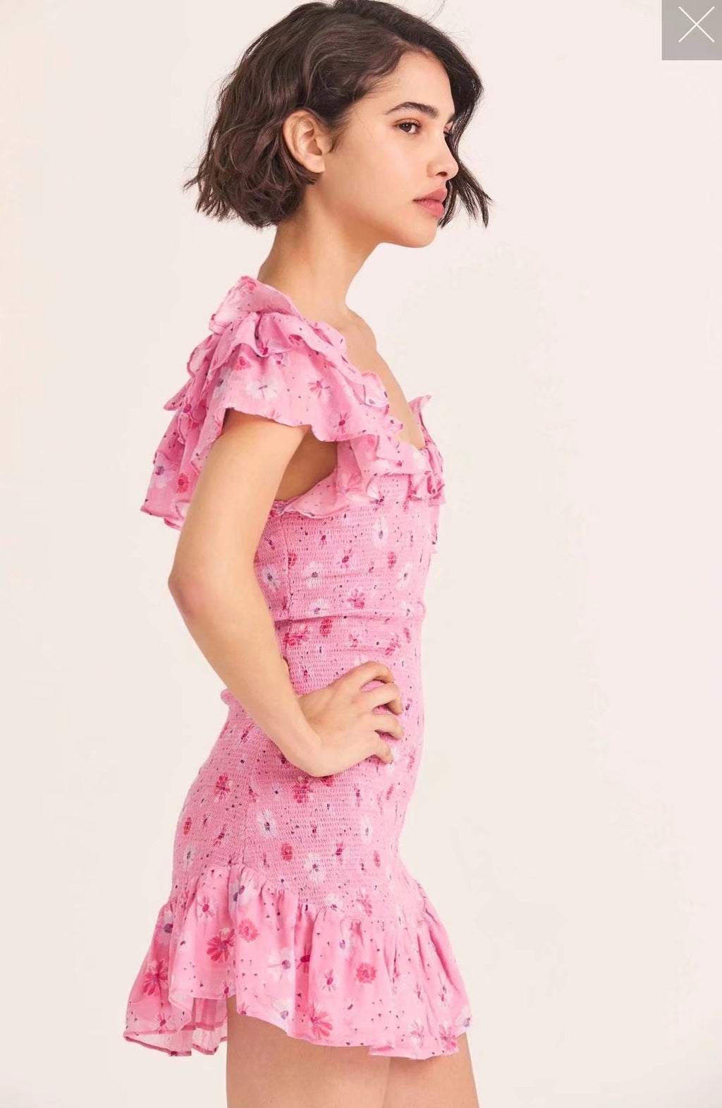 Women's French Elastic Wrapped Chest Flying Sleeves Printed Dress Women Elastic Slimming Square-Cut Collar Hip
