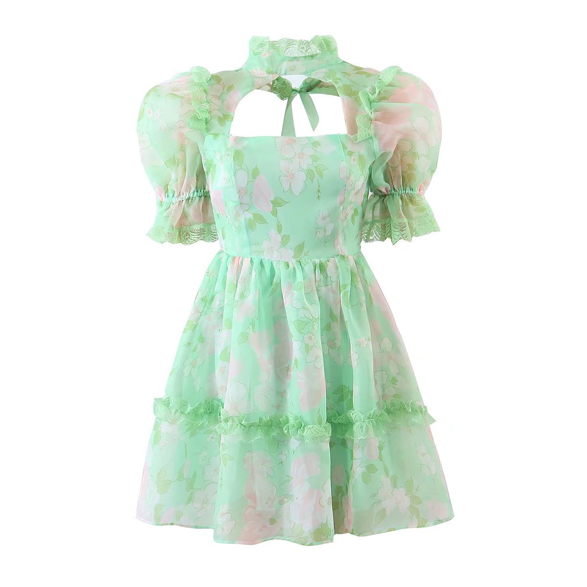 Women's Floral Lace Cutout Puff Sleeve A-Line Mini Dress
