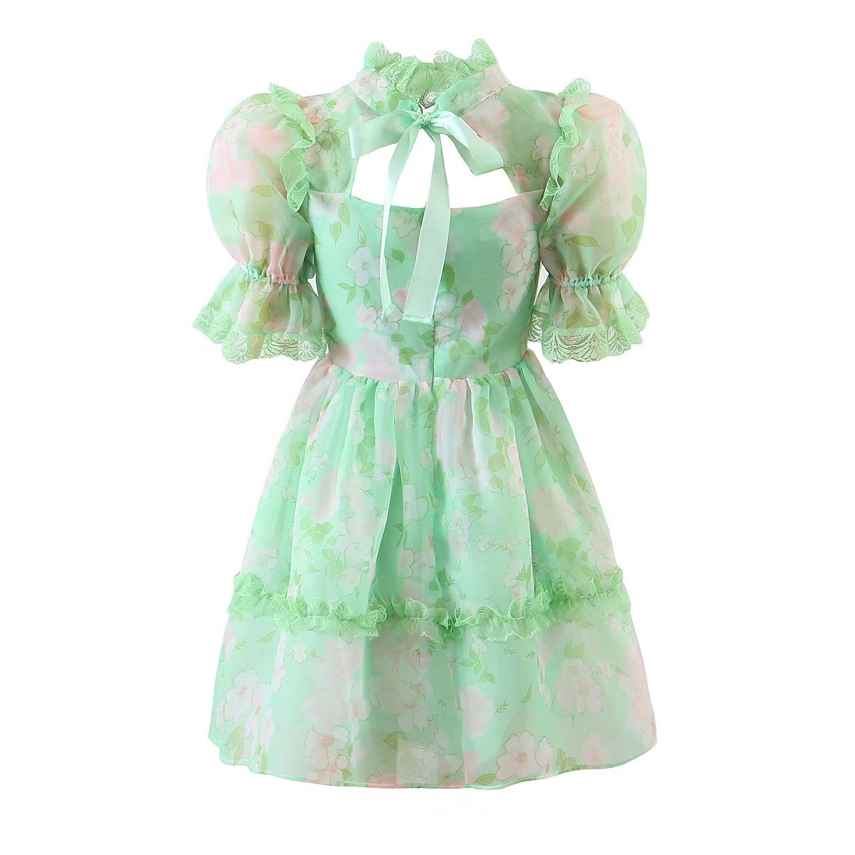 Women's Floral Lace Cutout Puff Sleeve A-Line Mini Dress