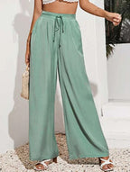 High Waist Solid Color Elastic Waist Lace-Up Loose Pants