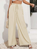 High Waist Solid Color Elastic Waist Lace-Up Loose Pants