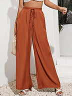High Waist Solid Color Elastic Waist Lace-Up Loose Pants