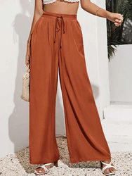 High Waist Solid Color Elastic Waist Lace-Up Loose Pants