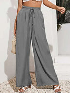 High Waist Solid Color Elastic Waist Lace-Up Loose Pants