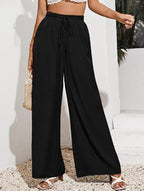 High Waist Solid Color Elastic Waist Lace-Up Loose Pants