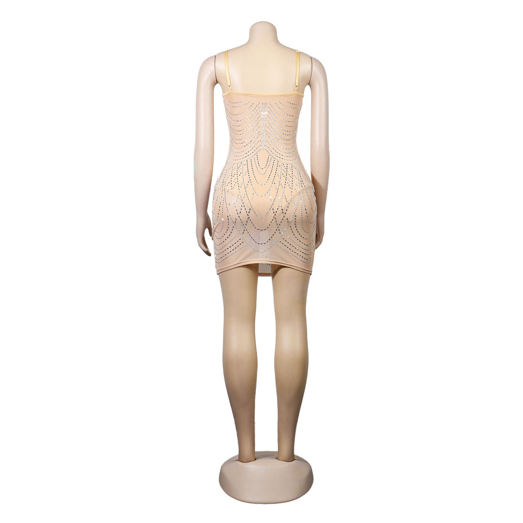 Women's Rhinestone Tassel Sweetheart Bodycon Midi Dress