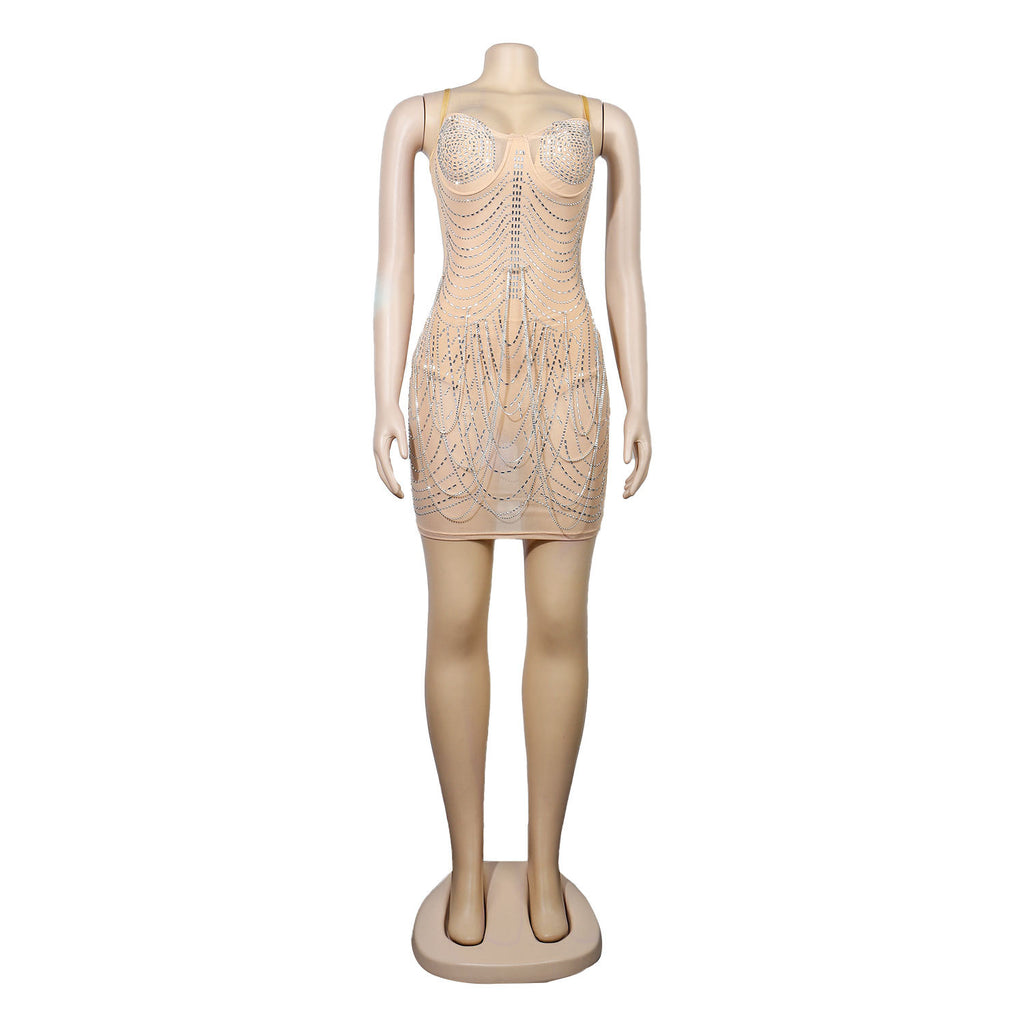 Women's Rhinestone Tassel Sweetheart Bodycon Midi Dress