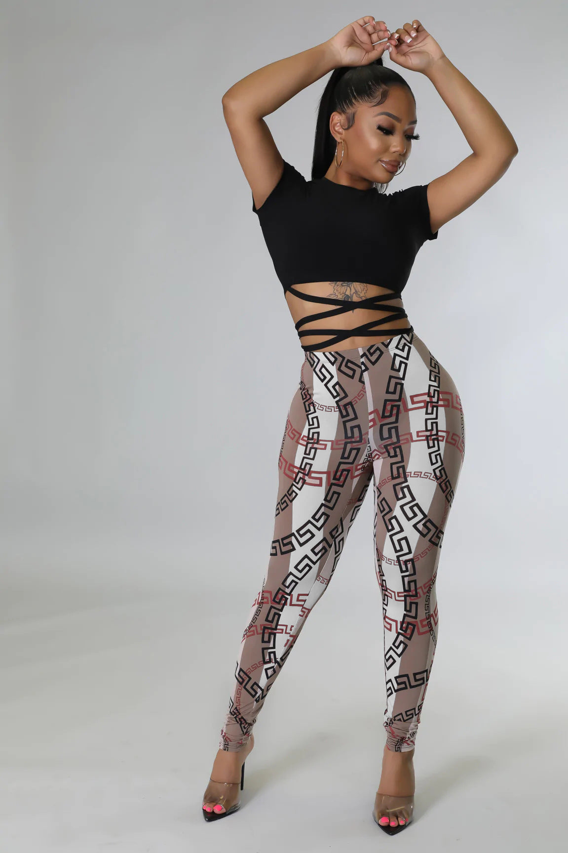 Women's Navel-Exposed Lace-Up T-Shirt Tights Coordinated Two-Piece Set