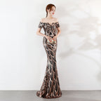Women's Off the Shoulder Gown Long Fishtail Sequin Evening Dress Slim