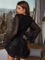 Women's Sequin Deep V-Neck Wide-Hem Dress
