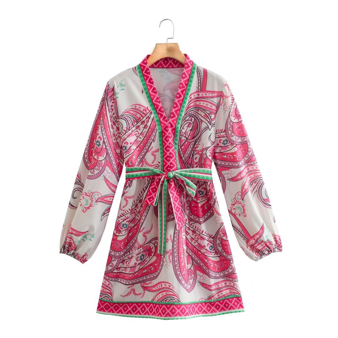Floral Paisley Belted V-Neck Mini Dress
