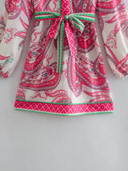 Floral Paisley Belted V-Neck Mini Dress