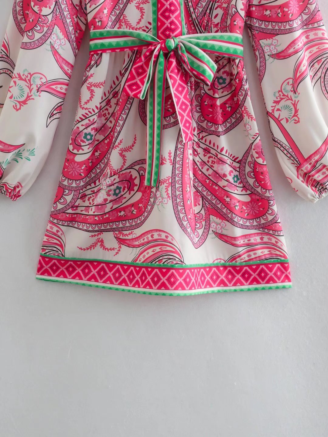 Floral Paisley Belted V-Neck Mini Dress